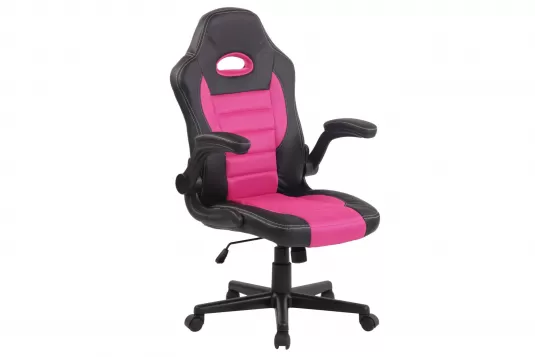 Fotel biurowy na kółkach JOHN podnoszone podlokietniki - ekoskóra CZARNA materiał RÓŻOWY