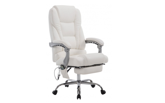 Biały fotel biurowy z masażem i odchylanym oparciem podnóżek PACO ekoskóra