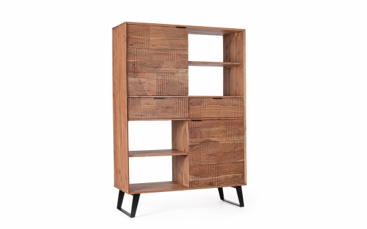 Wysoka szafka ISAR z drewna akacjowego 118×40×165 cm – elegancki design, stalowe detale