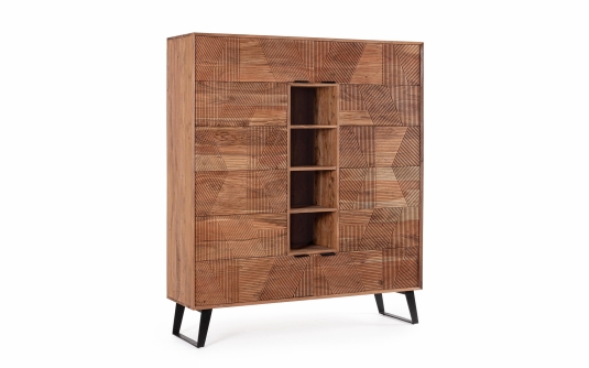 Wysoka komoda ISAR 145×40×165 – akacja, ręczne intarsje, stalowe uchwyty i nogi