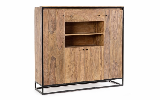 Wysoka komoda NARTAN 145×40×136 cm – drewno sheesham i stal, 4 drzwi i 1 szuflada