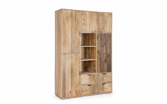 Wysoka komoda NASHIK 118×40×180 cm – drewno mango i recyklingowane, 5 drzwi i 2 szuflady