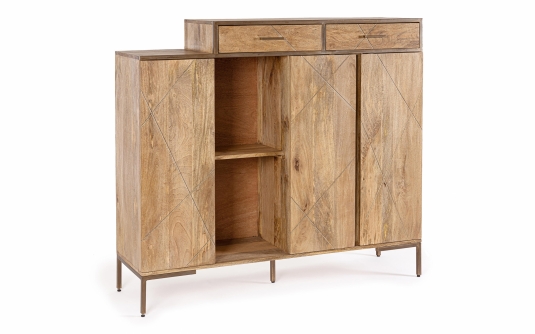 Komoda JAIDEV 145×40×132 cm – drewno mango i stal, 3 drzwi i 2 szuflady