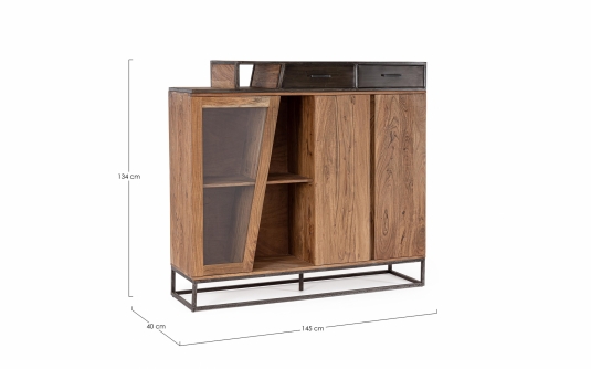 Komoda JANAK 145×40×134 cm – drewno akacjowe i stal, 2 drzwi i 2 szuflady