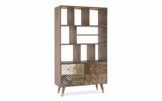 Regał DHAVAL 100×40×175 – drewno mango i akacja recykling, 2 drzwi, naturalny styl loft