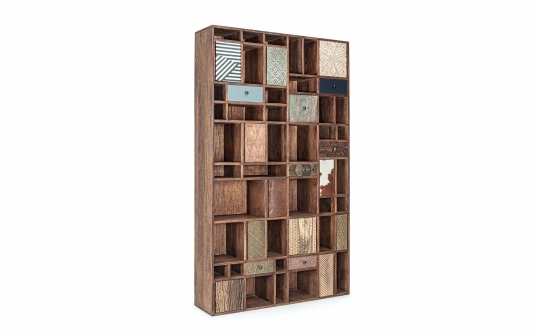 Regał DHAVAL 115×30×200 – mango i akacja recykling, 10 drzwi, 7 szuflad, unikatowy loft