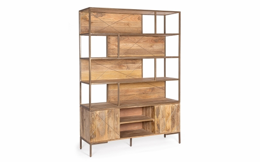 Regał JAIDEV 145×40×199 cm – drewno mango i stal, 2 drzwi, loftowy design