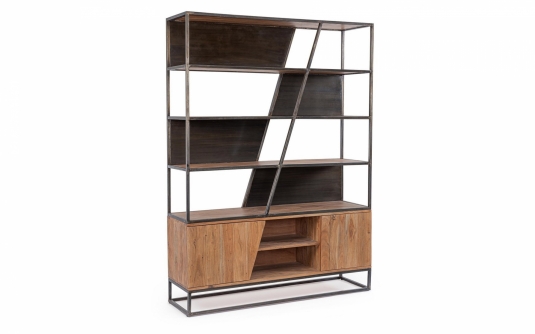 Regał JANAK 145×40×198 – akacja i stal, 2 drzwi, industrialny regał loftowy